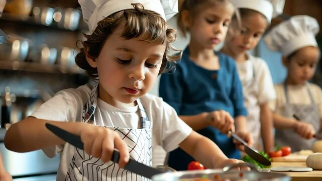 Happy children wearing chef hats and aprons enjoy baking together