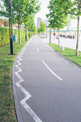 Obraz premium A road with a white line down the middle and a dog walking on the sidewalk