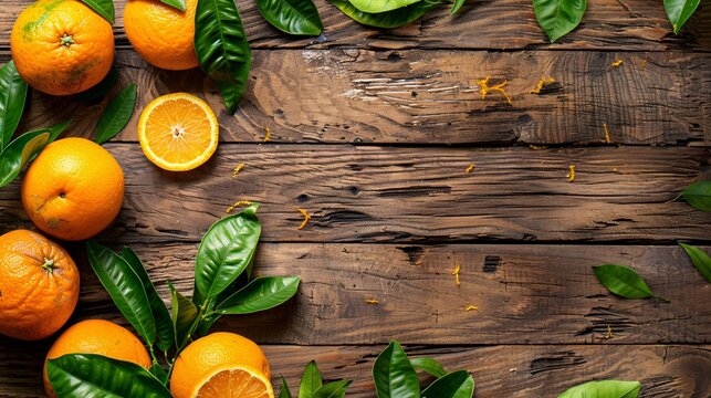 4. Fresh green leaves and zesty oranges positioned at the corner of the shot, sitting on an old brown wooden table. The rustic wooden surface pairs beautifully with the vibrant natural elements,