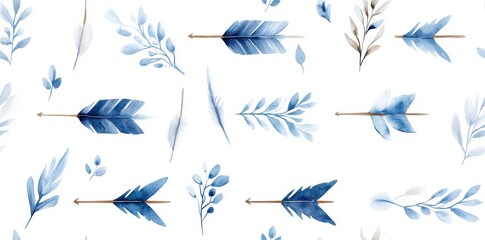 A seamless watercolor illustration of blue boho arrows with a rustic tribal design, set against a white background. 