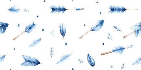 A seamless watercolor illustration of blue boho arrows with a rustic tribal design, set against a white background. 