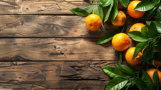 4. Fresh green leaves and zesty oranges positioned at the corner of the shot, sitting on an old brown wooden table. The rustic wooden surface pairs beautifully with the vibrant natural elements,