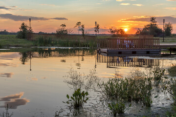 Fototapeta premium A pond with a wooden bridge and a dock