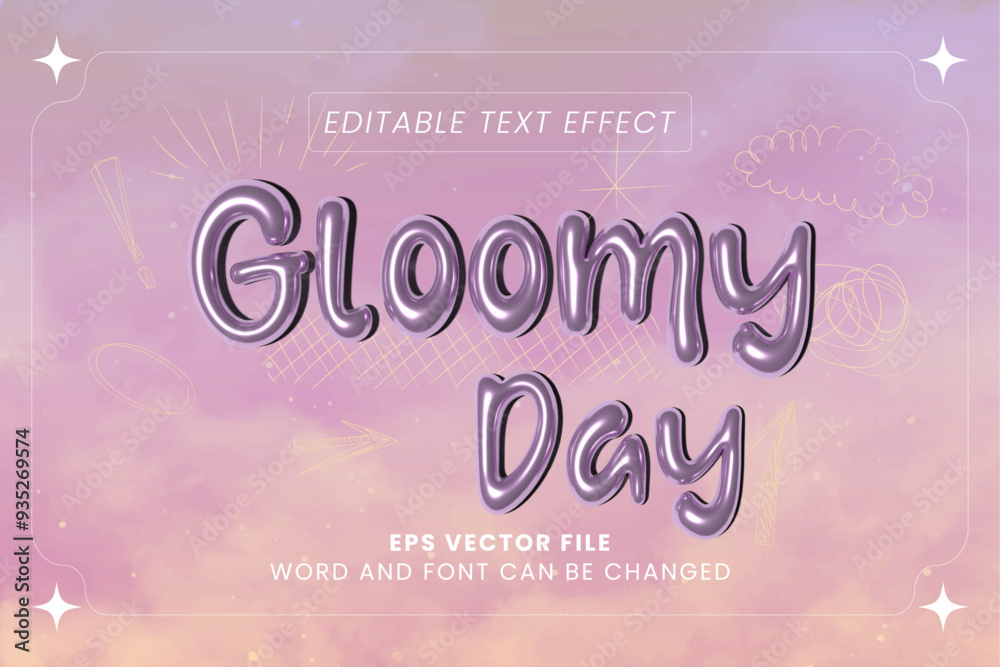 Poster Glossy chrome inflated text on gloomy cloud background 3d editable vector text effect