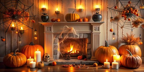 Obraz premium Cozy Halloween fireplace decorated with pumpkins, spider webs, candles, and spooky ornaments, Halloween, fireplace