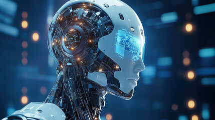 3D rendering of the head of an AI robot with glowing eyes and intricate circuitry visible in the background