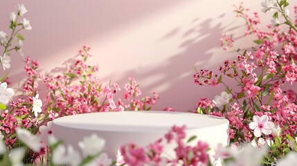 4. An elegant 3D podium surrounded by a vibrant array of pink spring flowers, with white blossoms interspersed throughout. The background features abstract shadows and a soft, gradient light,