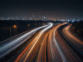A long exposure photo of a highway at night.
