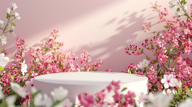 4. An elegant 3D podium surrounded by a vibrant array of pink spring flowers, with white blossoms interspersed throughout. The background features abstract shadows and a soft, gradient light,