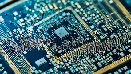 Macro shot of the intricate layout of a silicon chip, showing the detailed etchings and tiny connections, with a soft focus on edges.