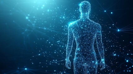 Wireframe mesh of a human body in virtual reality, scanned for medical blueprint 3D modeling
