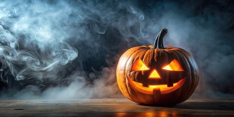 Halloween jack-o-lantern surrounded by mist, spooky, pumpkin, fog, Halloween, decoration, autumn, dark, eerie, glowing