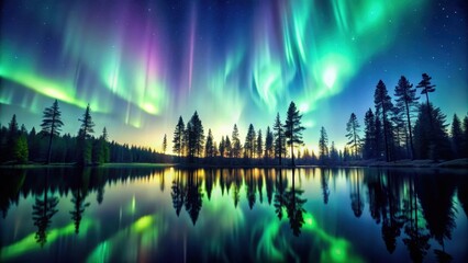 Northern lights dancing above a tranquil forest , Aurora borealis, night sky, stars, glowing, magical, nature