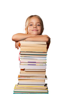 ack to school, cute girl with pile of books, smart child, read, knowledge. PNG file with transparency