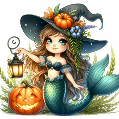 Enchanting mermaid with fall harvest decor, blending marine mystique with autumnal charm.By Generative AI.