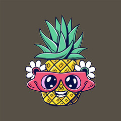  pineapple groovy style cute cartoon character with face, arms and legs, vector illustration
