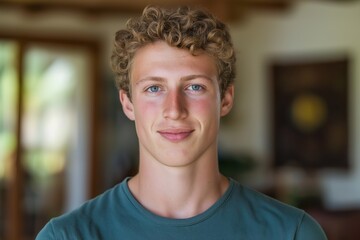 Obraz premium A close-up portrait of a young white man wearing a casual t-shirt, with a blurred background.
