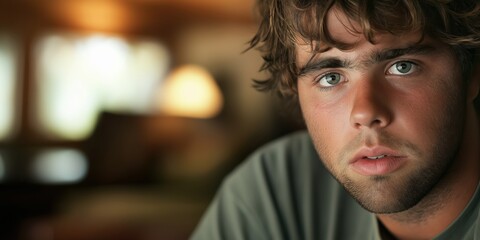 Obraz premium A close-up portrait of a young white man wearing a casual t-shirt, with a blurred background.