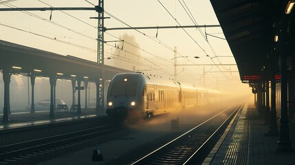 Fototapeta premium High resolution image of a fast train at the station with the remainder of the town hazy