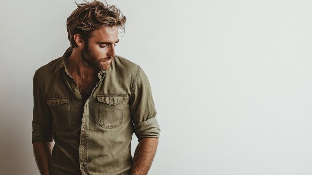 Man in olive green shirt standing against white wall