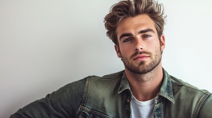 Fototapeta premium Man with styled hair in green jacket and white shirt