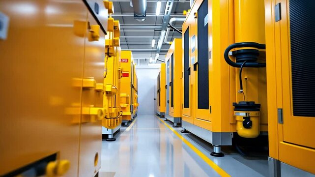Industrial data center with yellow server racks and bright lighting
