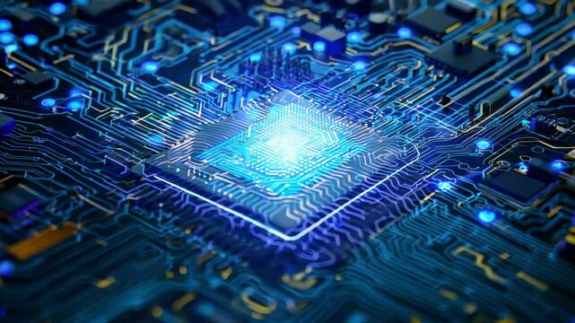 A close-up view of a glowing microchip on a circuit board, showcasing intricate designs and vibrant blue lighting.