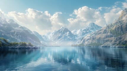 Fototapeta premium Serene Mountain Lake with Snowy Peaks and Fluffy Clouds