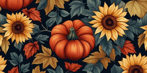 Lovely hand drawn Thanksgiving seamless pattern with pumpkins and sunflowers, great