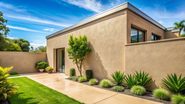 A freshly painted stucco exterior wall of a modern house with a warm beige tone and subtle texture, surrounded by lush greenery and blue sky.