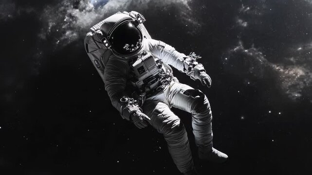 Astronaut floats weightlessly in vast starry cosmos. Stark contrast between white spacesuit and black space backdrop creates striking visual. Conveys isolation, exploration, and human achievement.	