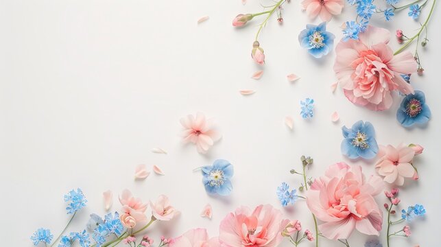 4. An artistic flat lay corner arrangement featuring begonia flowers and small blue flowers on a white background. The top view provides a detailed look at the floral elements while leaving plenty of