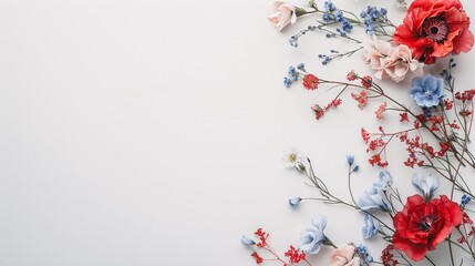 5. Top view of a flat lay floral corner arrangement with begonia and small blue flowers, isolated on a white background. The composition elegantly balances the vibrant and delicate flowers, creating