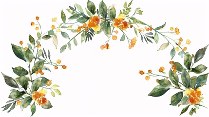 1. Watercolor wedding frame adorned with small green leaves and vibrant orange-yellow flowers. The delicate botanical elements create an elegant and romantic border, perfect for wedding invitations