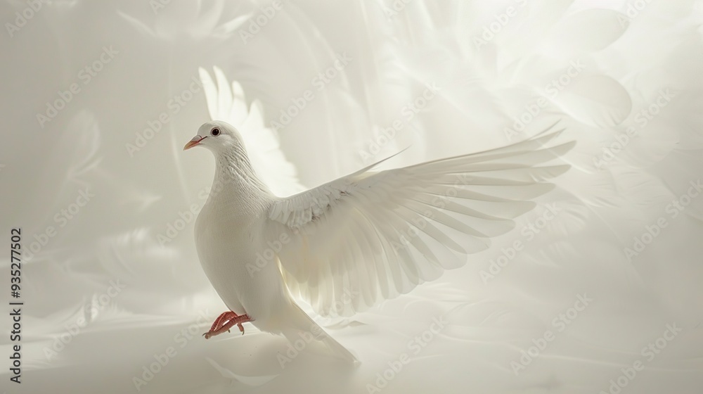 Sticker White Dove with Spread Wings on a White Background