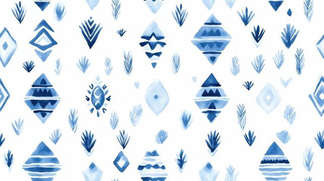 A seamless watercolor illustration of boho blue Aztec patterns featuring intricate tribal designs, set against a white background.
