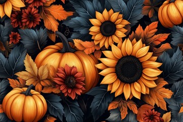 Lovely hand drawn Thanksgiving seamless pattern with pumpkins and sunflowers, great