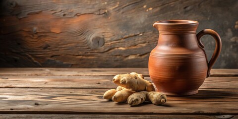 Clay pitcher with ginger on wooden table , clay, pitcher, ginger, wooden, table, kitchen, traditional, rustic, organic, natural