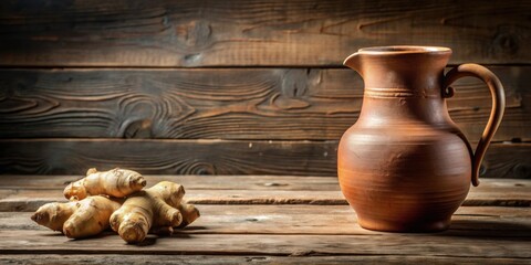 Clay pitcher with freshly picked ginger on a rustic wooden table, clay, pitcher, ginger, wooden, table, rustic, fresh