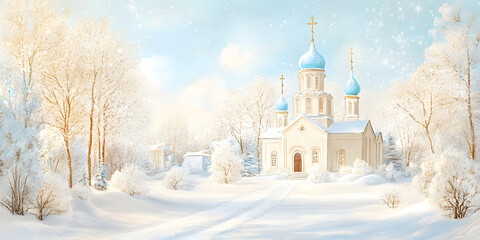 Obraz premium Orthodox church, winter landscape