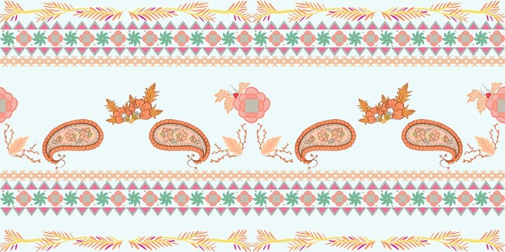 Horizontal Indian motif pattern paisley in pastel seamless pattern on white background with flower leaves,concept design for carpet , fabric ethnic pattern ornament ,media pattern for saree bride.