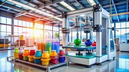 A futuristic 3D printer creates a intricate object, surrounded by colorful resin vats and precision tools, in a modern, well-lit, and organized workshop environment.