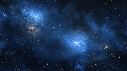 A vast cosmic scene filled with stars and nebulae in a deep blue space background.