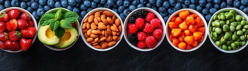 A vibrant array of fresh fruits and nuts arranged in bowls, highlighting healthy eating and colorful nutrition choices.