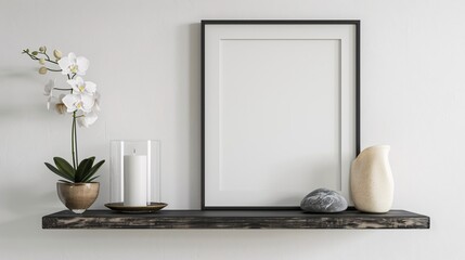 5. Chic modern interior featuring a picture frame mockup on a sleek wall-mounted shelf against a crisp white wall. The shelf is tastefully decorated with a candle, delicate glassware, smooth rocks,