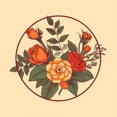 Beautiful Floral Illustration of Roses and Leaves in Circle Design for Cards and Prints