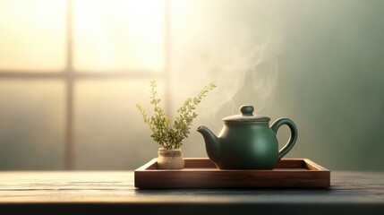 Serene Herbal Tea Time with Sunlight on Wooden Tray