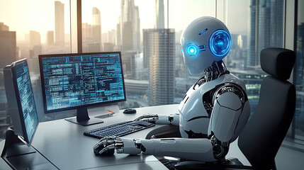 A white humanoid robot with glowing blue eyes sits at an office desk