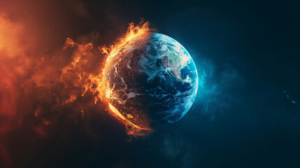 Planet Earth engulfed in fiery flames and icy blue on opposite sides