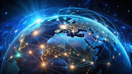 Obraz premium A futuristic 2024 world map on a sleek, glowing blue globe, surrounded by orbiting satellites and starry night sky, symbolizing global connectivity.